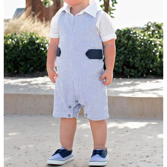 Ruffle Butts Blue Seersucker Jon Jon & White Dobby sleeve shirt 2pc Set 18-24 Mo